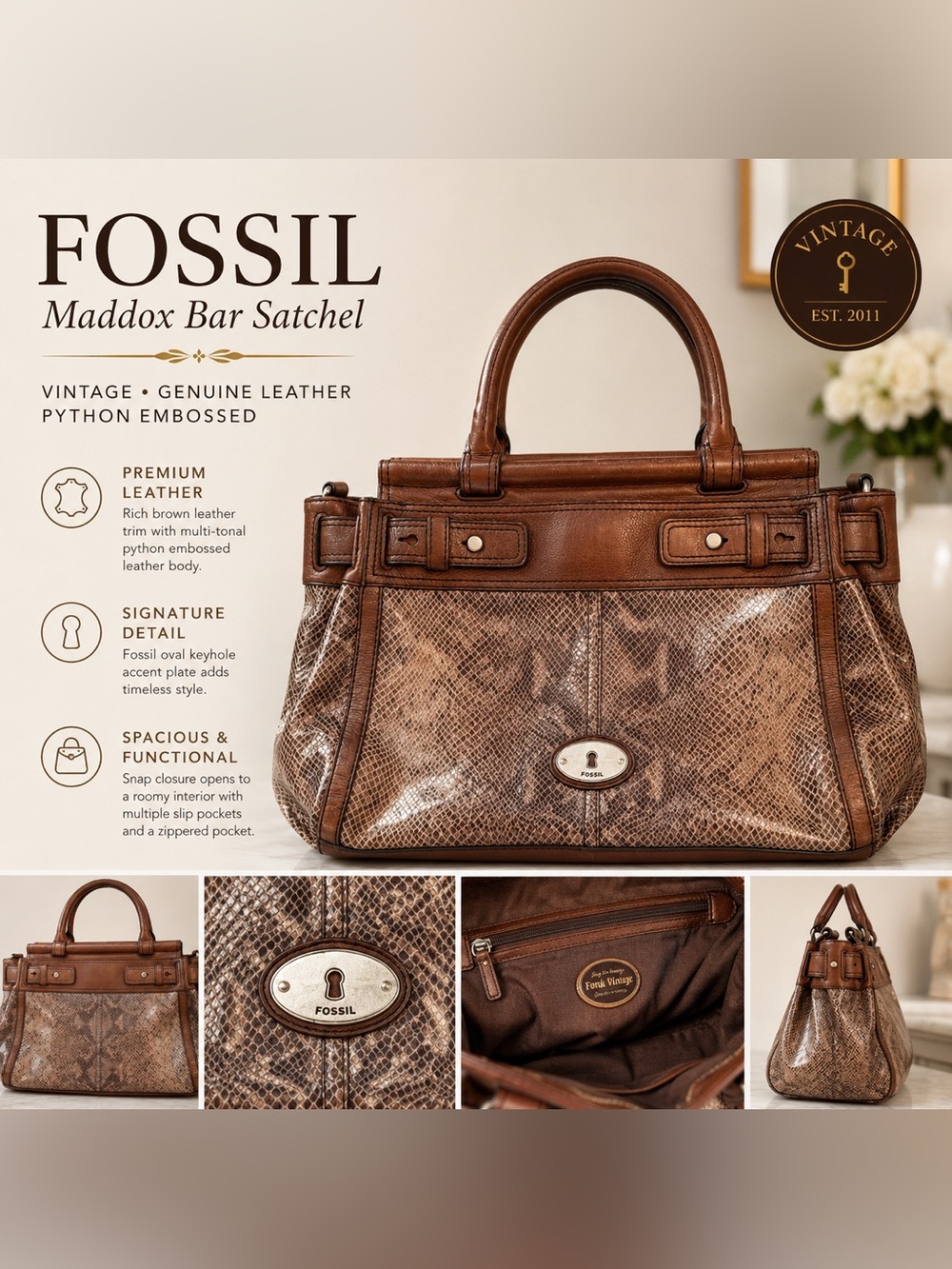 Fossil "Maddox" Brown Python-Embossed Leather Satchel with Tan Trim